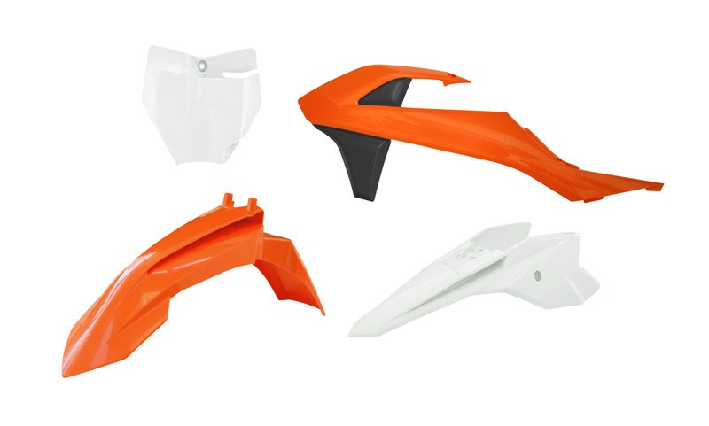 RACETECH (RTECH) 2024/12 KOMPLET PLASTIKÓW KTM SX 50 '16-'23, SX-E 3-5 '20-'24 KOLOR POMARAŃCZOWY / BIAŁY / CZARNY ( OEM '16 / '18 )