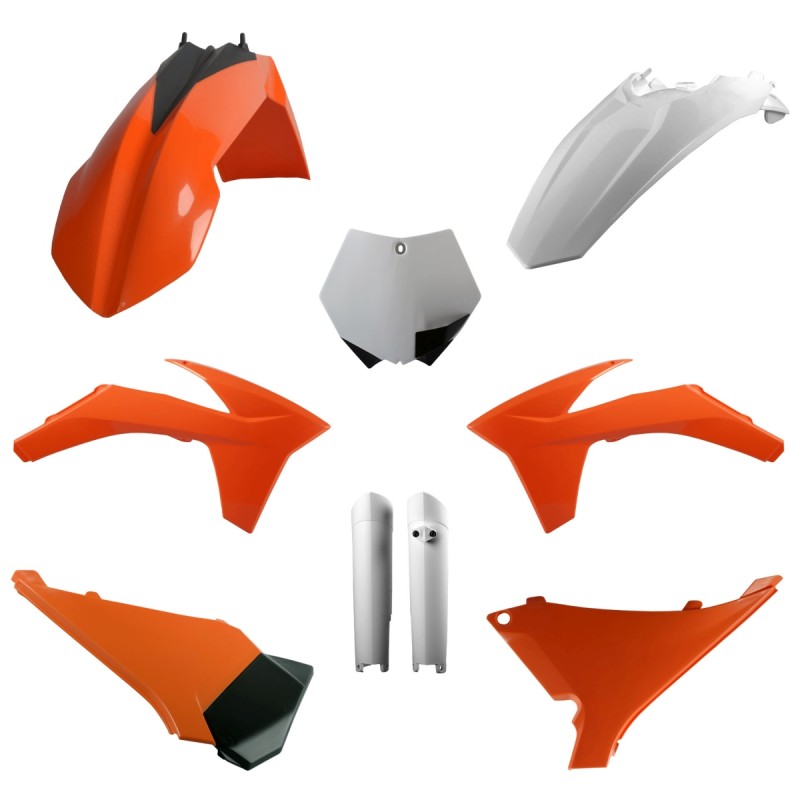 POLISPORT KOMPLET PLASTIKÓW (FULL KIT) KTM SX '12; SX-F '11- '12; XC/XC-F '12 W ZESTAWIE TABLICA PRZEDNIA (8664400007) I OSŁONY AMORTYZATORÓW (8398500002) KOLOR POMARAŃCZOWY BIAŁY