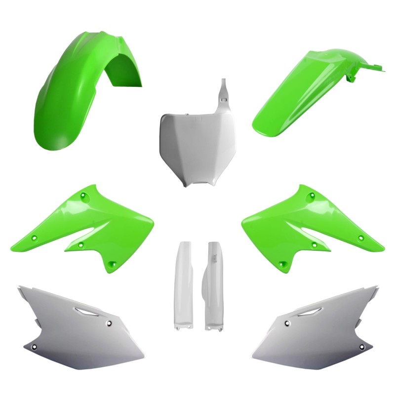 POLISPORT KOMPLET PLASTIKÓW (FULL KIT) KAWASAKI KX 250F '04-'05 W ZESTAWIE TABLICA PRZEDNIA (8660800002) I OSŁONY AMORTYZARORÓW (8398000001) KOLOR ZIELONY OEM