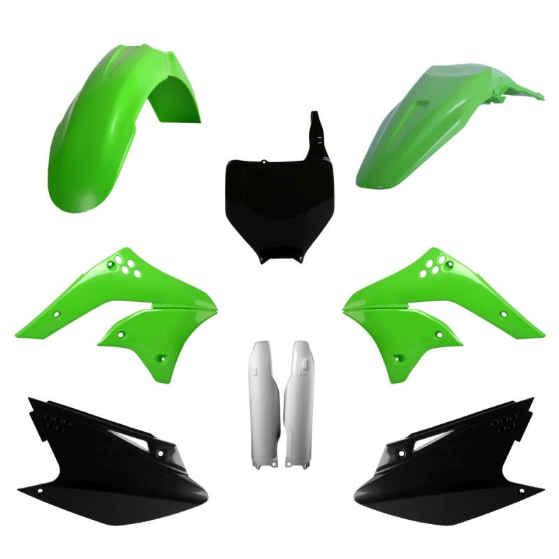 POLISPORT KOMPLET PLASTIKÓW (FULL KIT) KAWASAKI KX 250F '06-'08 W ZESTAWIE TABLICA PRZEDNIA (8660800001) I OSŁONY AMORTYZARORÓW (8351200001) KOLOR ZIELONY CZARNY OEM