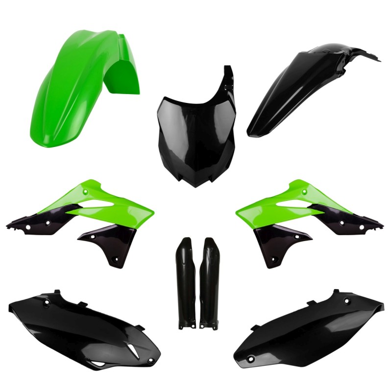 POLISPORT KOMPLET PLASTIKÓW (FULL KIT) KAWASAKI KX 250F '13-'16 W ZESTAWIE TABLICA PRZEDNIA (8659200003) I OSŁONY AMORTYZARORÓW (8351800002) KOLOR ZIELONY CZARNY OEM