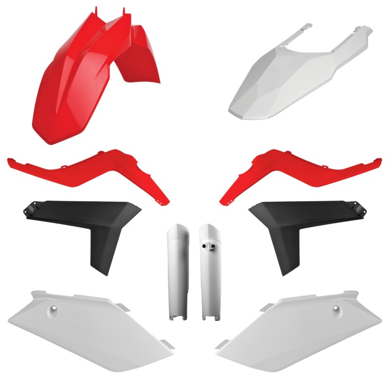 POLISPORT KOMPLET PLASTIKÓW (FULL KIT) GAS GAS EC/EC-E 125 '12-'13; EC/EC-E 200 '12-'13; EC/EC-E 250 '12-'13; EC-EC-E 300 '12-'13; EC/EC-F '12-'13 W ZESTAWIE OSŁONY AMORTYZATORÓW (8398500006) KOLOR CZERWONO BIAŁO CZARNY