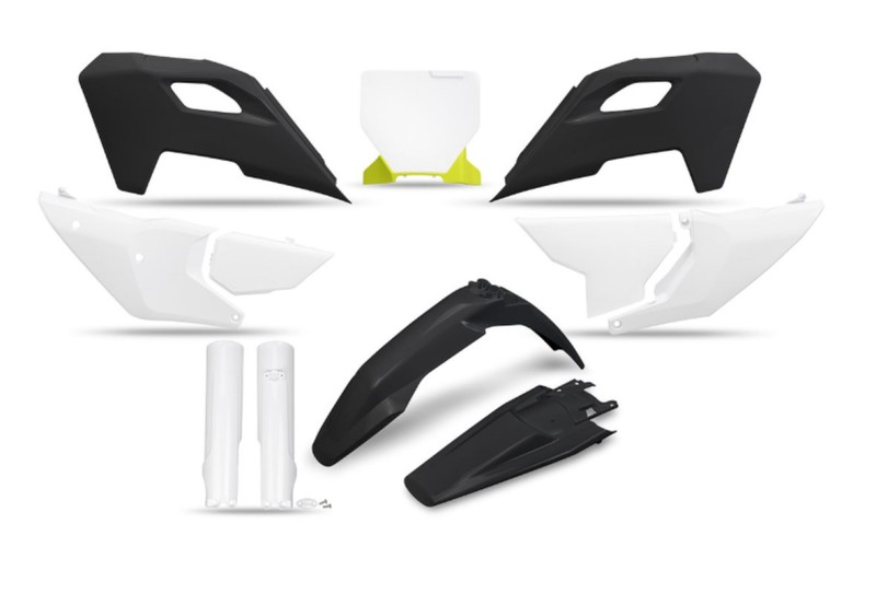 UFO 2025/04 KOMPLET PLASTIKÓW (FULL KIT) Z OSŁONAMI TELESKOPÓW (AMORTYZATORÓW) HUSQVARNA TC 125 / 250 '23-'24, FC 250 / 350 / 450 '23-'24, FX 350 / 450 '23-'24, TX 300 '24, KOLOR CZARNY / BIAŁY