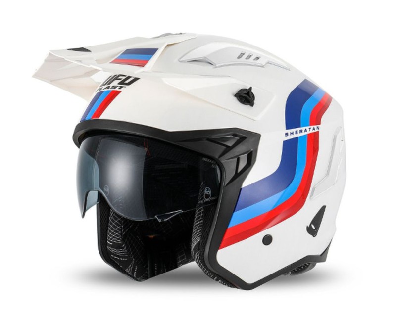 UFO KASK SHERATAN JET / TRIAL Z BLENDĄ PRZECIWSŁONECZNĄ KOLOR BIAŁY NIEBIESKI CZERWONY ROZMIAR XL ( ECE 22R06 ) - KOLEKCJA 2025