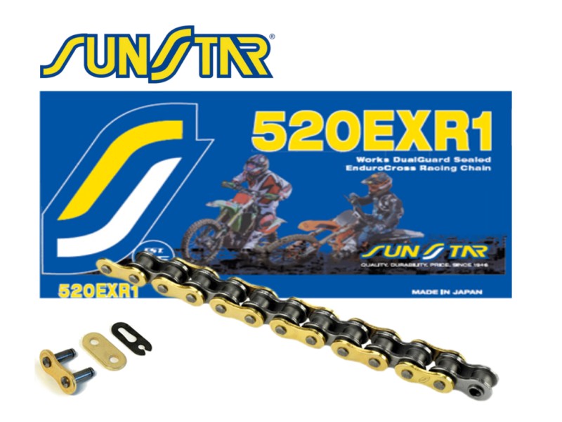 SUNSTAR ŁAŃCUCH NAPĘDOWY 520EXR1-110G ENDURO DO 450 CCM (DG RING) KOLOR ZŁOTY (520VT2) OTWARTY + ZAPINKA (520EXR1110G) - MADE IN JAPAN - OFERTA SPECJALNA