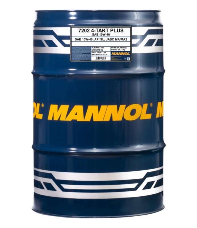 MANNOL OLEJ SILNIKOWY 4T PLUS 10W40 SEMISYNTETYK (API SL, JASO MA/MA2) (7202) BECZKA 60 L (1)