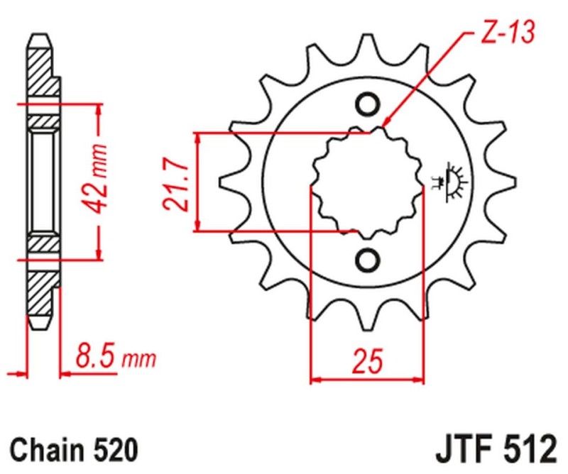 JT ZĘBATKA PRZEDNIA 525 14 KAWASAKI ZXR 400, KLE 500 '91-'96 (-1), GPZ 500S (-1) (52514JT) (ŁAŃC. 520) (1)