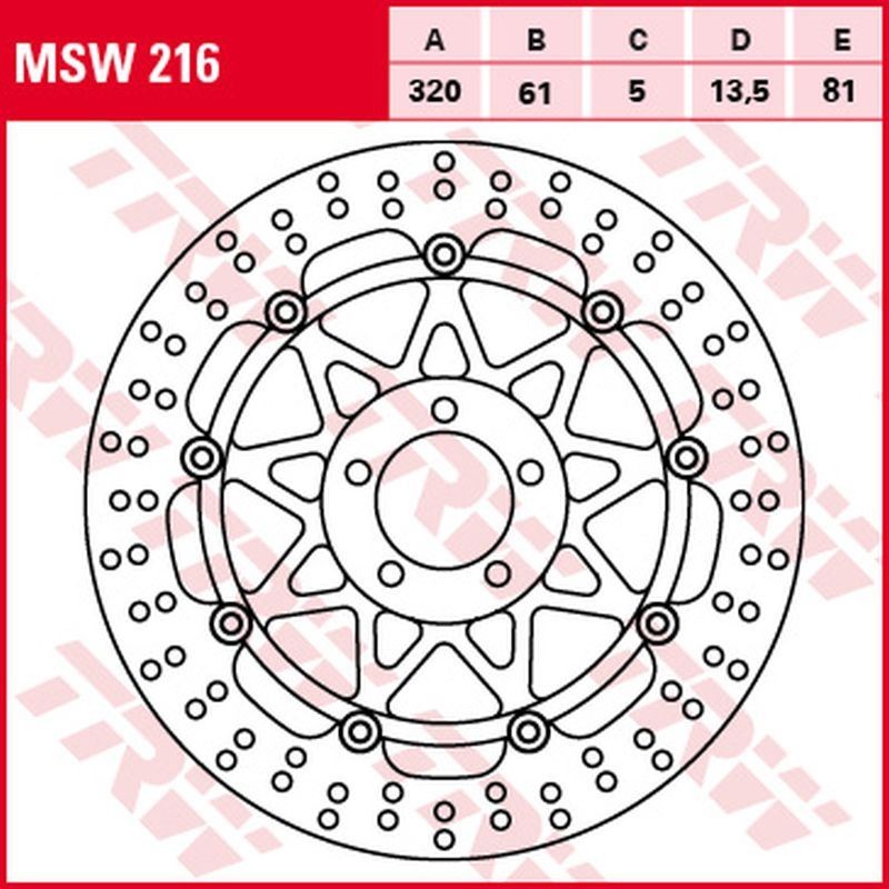 TRW ZF TARCZA HAMULCOWA PRZÓD KAWASAKI ZX-7R/RR '96-'02, ZXR 750 '91-'95, ZX-9R '94-'04, ZZR 1100 '93-'01, ZX-12R '00-'03, ZZR 1200 '02-'05, VN 1500/1600 MEAN STREK '02-'05, SUZUKI VZ 1600 MARAUDER '04-'05 (320X61X5MM) (1)