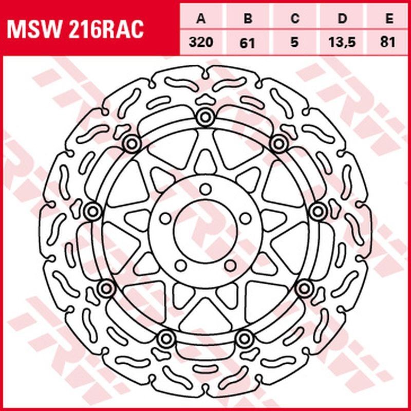 TRW ZF TARCZA HAMULCOWA PRZÓD KAWASAKI ZX-7R/RR '96-'02, ZXR 750 '91-'95, ZX-9R '94-'04, ZZR 1100 '93-'01, ZX-12R '00-'03, ZZR 1200 '02-'05, VN 1500/1600 MEAN STREK '02-'05, SUZUKI VZ 1600 MARAUDER '04-'05 (320X61X5MM) WAVE (1)