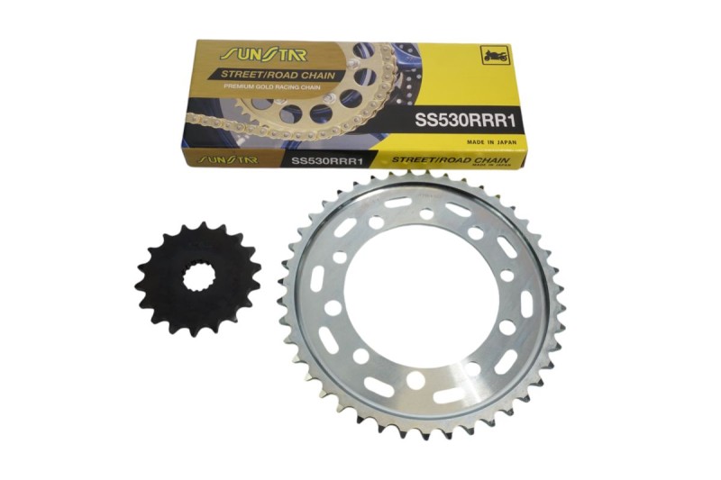 SUNSTAR ZESTAW NAPĘDOWY SUZUKI GSX 1300R HAYABUSA 08-15, B-KING 1300 08-11 PLUS ZŁOTY (18/43/118) (DO 1400CC XW RING) (SUN56018/SUN1-5500-43/SS530RRR1-118G) - ZASTĘPUJE K530RTG122 - MADE IN JAPAN - OFERTA SPECJALNA (1)