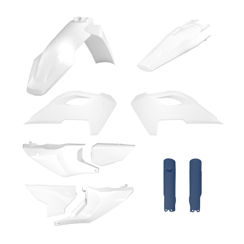 POLISPORT KOMPLET PLASTIKÓW (FULL KIT) HUSQVARNA TE/FE TPI '24-'25 W ZESTAWIE OSŁONY AMORTYZATORÓW KOLOR OEM BIAŁY NIEBIESKI OEM '25 (1)