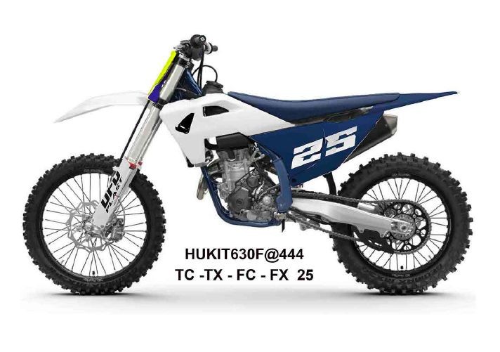 UFO KOMPLET PLASTIKÓW (FULL KIT) Z OSŁONAMI TELESKOPÓW (AMORTYZATORÓW) HUSQVARNA TC 125 / 150 / 250 / 300 2025, TX 300 2025-, FC 250 / 350 / 450 2025-, FX 350 / 450 2025-, KOLOR BIAŁY / GRANATOWY (1)