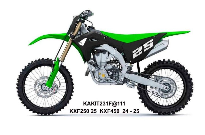 UFO KOMPLET PLASTIKÓW (FULL KIT) Z OSŁONAMI TELESKOPÓW (AMORTYZATORÓW) KAWASAKI KX250F 2025-, KX450F 2024-2025 KOLOR CZARNY / ZIELONY (1)