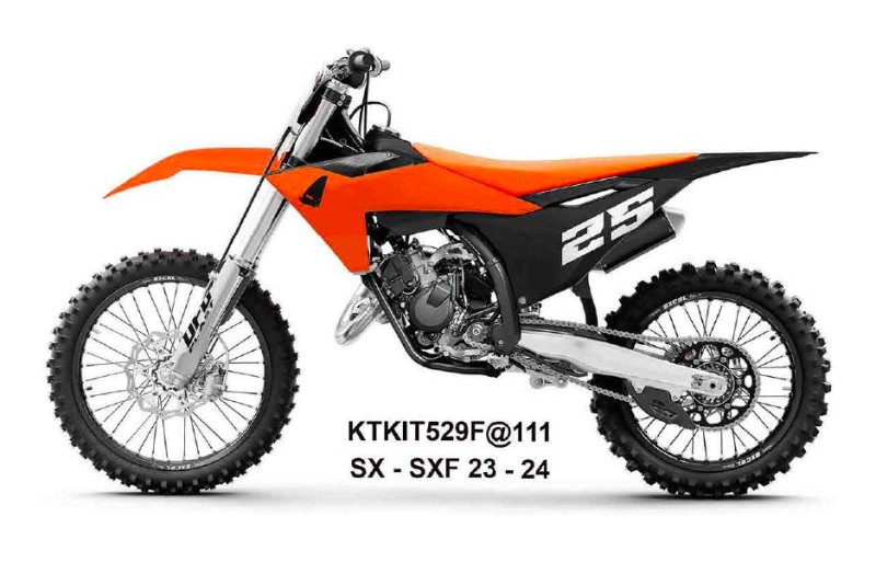 UFO KOMPLET PLASTIKÓW (FULL KIT) Z OSŁONAMI TELESKOPÓW (AMORTYZATORÓW) KTM SX 125 / 250 / 300 TBI 23-24, SX-F 250 / 350 / 450 23-24 KOLOR POMARAŃCZOWY / CZARNY / BIAŁY (1)