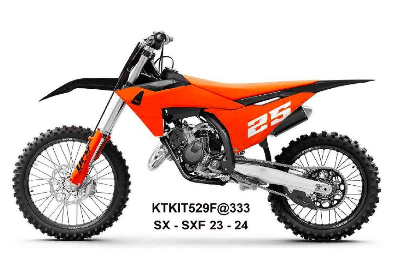 UFO KOMPLET PLASTIKÓW (FULL KIT) Z OSŁONAMI TELESKOPÓW (AMORTYZATORÓW) KTM SX 125 / 250 / 300 TBI '23-'24, SX-F 250 / 350 / 450 '23-'24 KOLOR POMARAŃCZOWY / CZARNY (1)