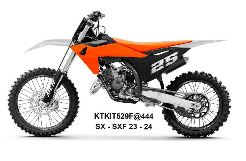 UFO KOMPLET PLASTIKÓW (FULL KIT) Z OSŁONAMI TELESKOPÓW (AMORTYZATORÓW) KTM SX 125 / 250 / 300 TBI '23-'24, SX-F 250 / 350 / 450 '23-'24 KOLOR CZARNY / POMARAŃCZOWY / BIAŁY (1)