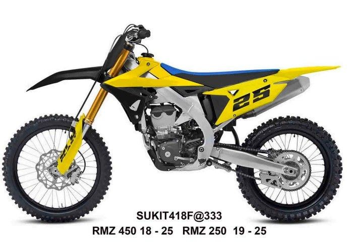 UFO KOMPLET PLASTIKÓW (FULL KIT) Z OSŁONAMI TELESKOPÓW (AMORTYZATORÓW) SUZUKI RMZ 250 '19-'25, RMZ 450 '18-'25 KOLOR ŻÓŁTY / CZARNY (1)