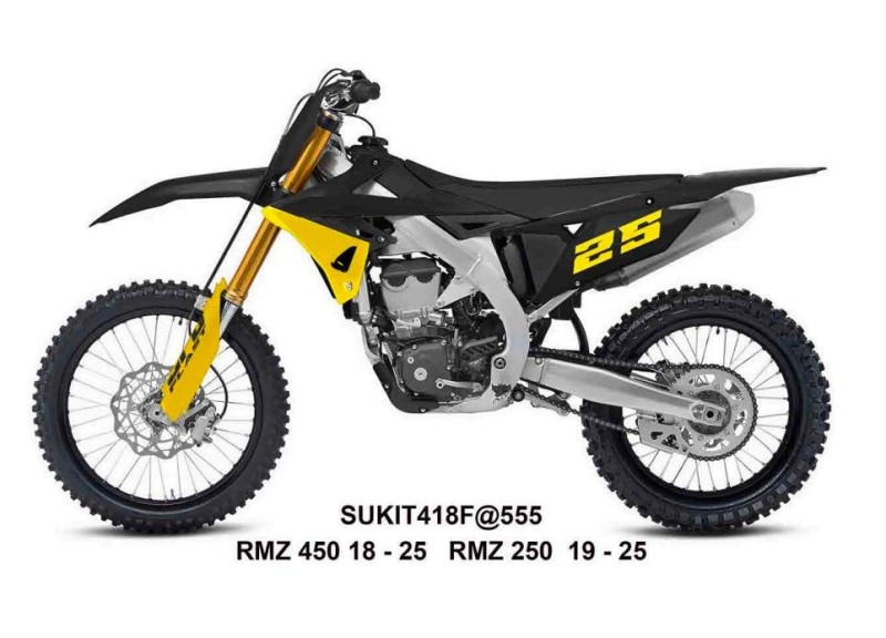 UFO KOMPLET PLASTIKÓW (FULL KIT) Z OSŁONAMI TELESKOPÓW (AMORTYZATORÓW) SUZUKI RMZ 250 '19-'25, RMZ 450 '18-'25 KOLOR ŻÓŁTY / CZARNY (1)