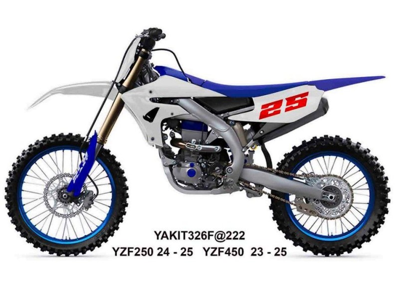 UFO KOMPLET PLASTIKÓW (FULL KIT) Z OSŁONAMI TELESKOPÓW (AMORTYZATORÓW) YAMAHA YZF 250 '24-'25, YZF 450 '23-'25 KOLOR BIAŁY / NIEBIESKI (1)