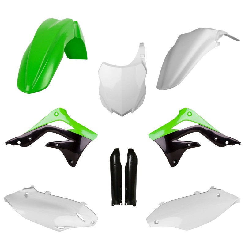 POLISPORT KOMPLET PLASTIKÓW (FULL KIT) KAWASAKI KX 450F '13-'15 W ZESTAWIE TABLICA PRZEDNIA (8659200002) I OSŁONY AMORTYZARORÓW (8351800002) KOLOR ZIELONY (1)