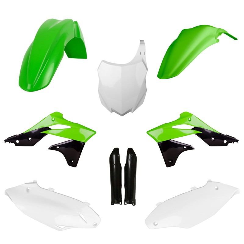 POLISPORT KOMPLET PLASTIKÓW (FULL KIT) KAWASAKI KX 250F '13-'16 W ZESTAWIE TABLICA PRZEDNIA (8659200003) I OSŁONY AMORTYZARORÓW (8351800002) KOLOR ZIELONY BIAŁY CZARNY OEM (1)