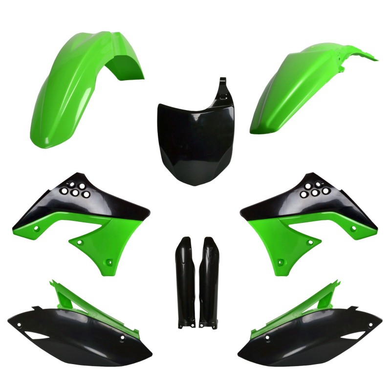 POLISPORT KOMPLET PLASTIKÓW (FULL KIT) KAWASAKI KX 250F '09-'12 W ZESTAWIE TABLICA PRZEDNIA (8660800002) I OSŁONY AMORTYZARORÓW (8398000001) KOLOR CZARNY ZIELONY OEM (1)