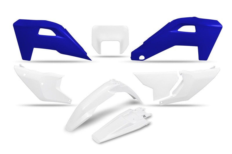 UFO 2025/11 KOMPLET PLASTIKÓW HUSQVARNA FE 250 / 350 / 450 / 501 '25-'26, TE 250 / 300 HERITAGE '25-'26 KOLOR BIAŁY / NIEBIESKI (1)
