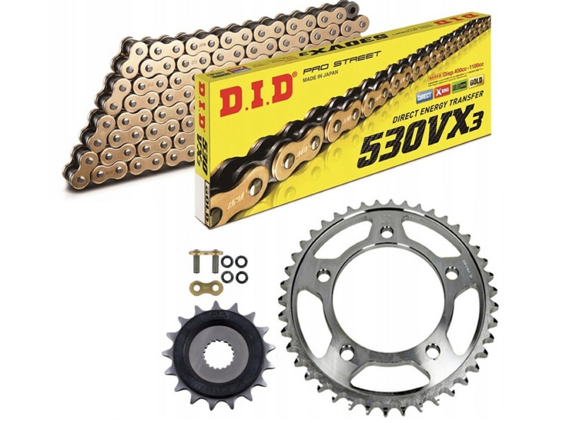 DID ZESTAW NAPĘDOWY KOMPLETNY YAMAHA XT 660 '04-'16 (15/45/520VX3-110) (ZĘBATKI JT, PRZEDNIA Z GUMĄ, ŁAŃCUCH DID VX3 ZŁOTY, ZAKUWKA) (1)