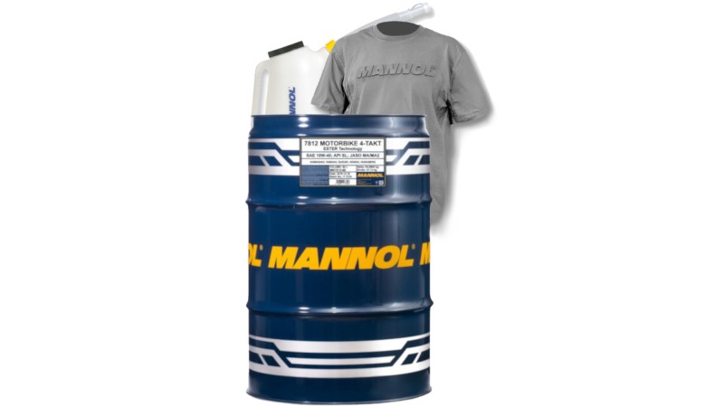 MANNOL OLEJ SILNIKOWY 4T MOTORBIKE 10W40 60L ESTER + MA2 SYNTETYK (7812) (API SN) - BECZKA 60 L ZESTAW PROMOCYJNY Z NALEWAKIEM ORAZ Z KOSZULKĄ (1)