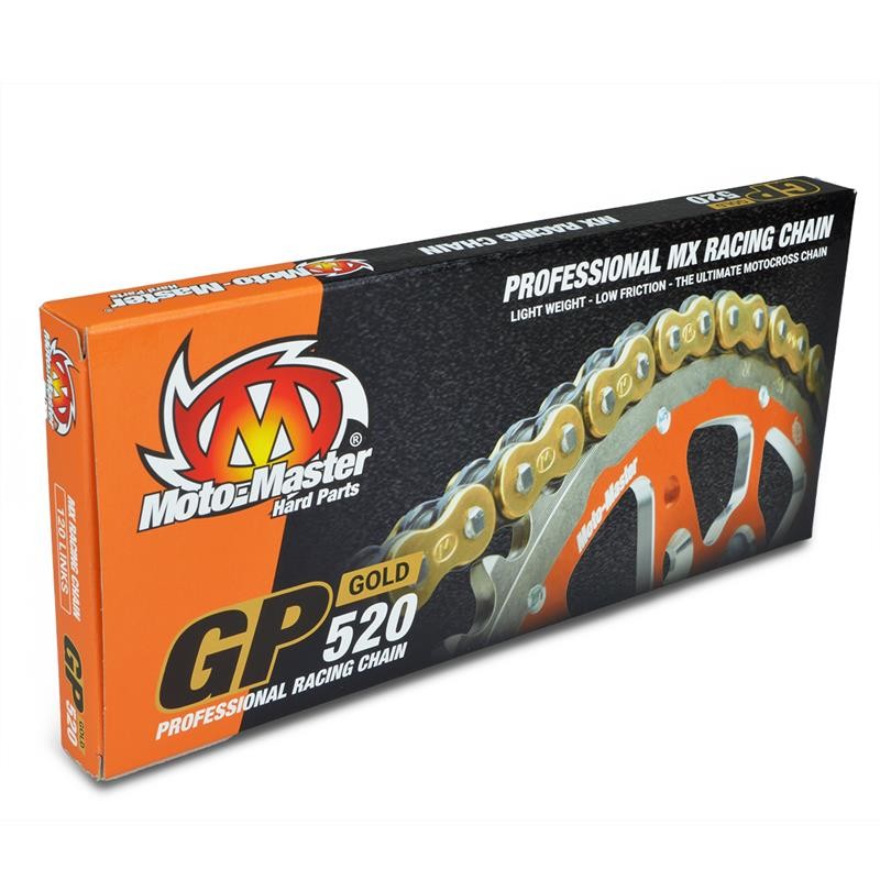 MOTO-MASTER ŁAŃCUCH NAPĘDOWY GP-520G MX PROFESSIONAL MOTOCROSS RACING CHAIN BEZ ORINGÓW KOLOR ZŁOTY (118 OGNIW, ZAPINKA W ZESTAWIE) (1)