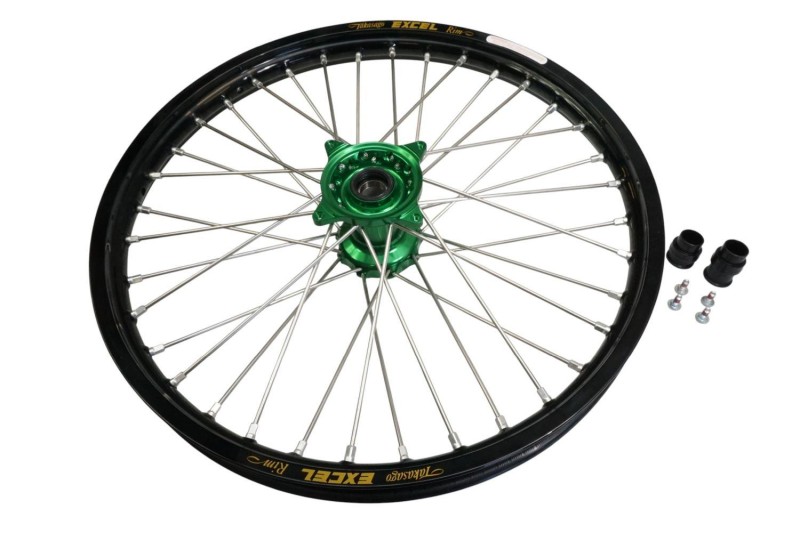 HAAN WHEELS (EXCEL) KOMPLETNE KOŁO PRZEDNIE 21 CALI 21 x 1.60 (OBRĘCZ EXCEL) KAWASAKI KXF 450' 19-, CZARNA OBRĘCZ / SREBRNE SZPRYCHY / ZIELONA PIASTA / SREBRNE NYPLE (NA ZAMÓWIENIE) (1)
