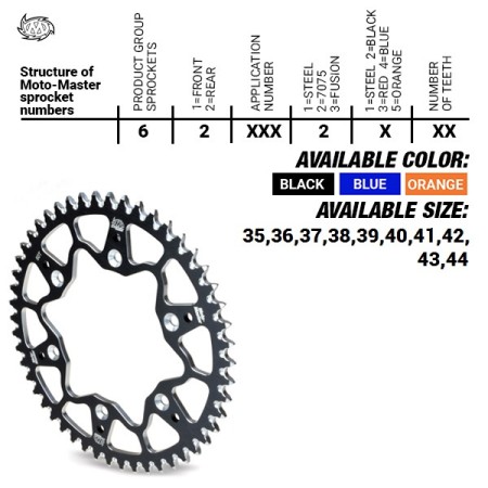 MOTOMASTER ZĘBATKA TYLNA ALUMINIOWA T7075 (ERGAL) 4644 40 (464440) KTM SX 50/SX 50 MINI '02 , SXE5 EBIKE '19, GASGAS MC 50 MCE EBIKE 21, HUSQVARNA TC 50 '17, TC 50 MINI '18. EE 5 EBIKE '19 (ŁAŃC. 415) KOLOR CZARNY