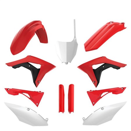 POLISPORT KOMPLET PLASTIKÓW (FULL KIT) HONDA CRF 250R '18'21; CRF 450R '17'20 W ZESTAWIE TABLICA PRZEDNIA (8667200002) I OSŁONY AMORTYZARORÓW (8351900003) KOLOR CZERWONO BIAŁY OEM