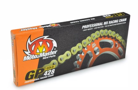 MOTOMASTER ŁAŃCUCH NAPĘDOWY GP428 MX PROFESSIONAL MOTOCROSS RACING CHAIN BEZ ORINGÓW KOLOR ZŁOTY (134 OGNIW, ZAPINKA W ZESTAWIE)