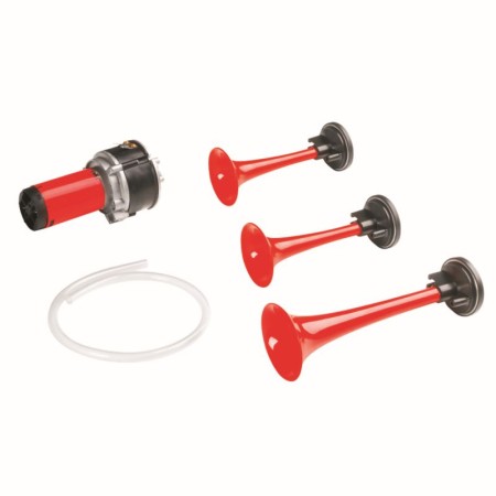 GAUSS KLAKSON (SYGNAŁ DŹWIĘKOWY) UNIWERSALNY ELEKTROPNEUMATYCZNY (WYSOKI ŚREDNI I NISKI TON) CZERWONY (DŁ. 153 MM, 165 MM, 215 MM)