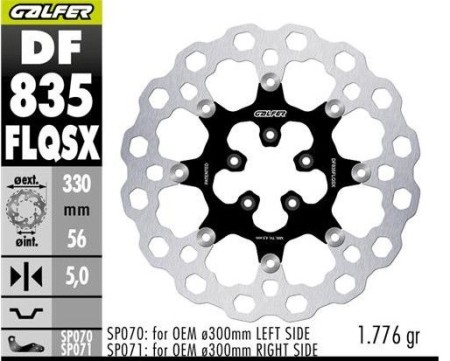 Obrazek dla: GALFER TARCZA HAMULCOWA PRZÓD HARLEYDAVIDSON (330X56X5) PŁYWAJĄCA (CUBIQ) (SUPER OVERSIZE) (WYMAGA SP070; SP071)