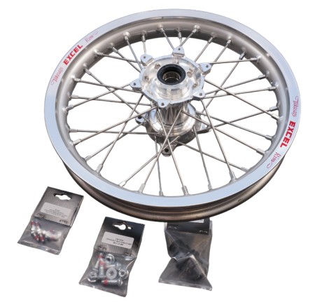 Obrazek dla: REX WHEELS (EXCEL) KOMPLETNE KOŁO TYLNE / TYŁ 16 X 1,85 KTM SX85, HUSQVARNA TC85, GASGAS MC85 '25, SREBRNA OBRĘCZ / SREBRNE SZPRYCHY / SREBRNA PIASTA / SREBRNE NYPLE (NA ZAMÓWIENIE)