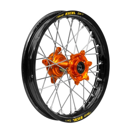 Obrazek dla: REX WHEELS (EXCEL) KOMPLETNE KOŁO TYLNE / TYŁ 16 X 1,85 KTM SX85, HUSQVARNA TC85, GASGAS MC85 '25, CZARNA OBRĘCZ / CZARNE SZPRYCHY / POMARAŃCZOWA PIASTA (NA ZAMÓWIENIE)