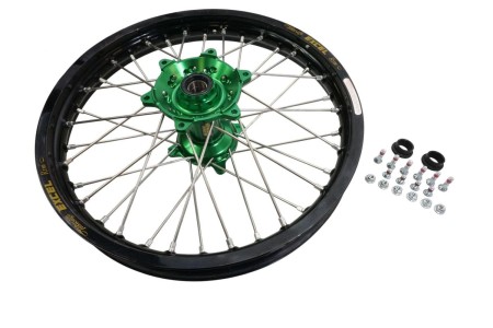 Obrazek dla: HAAN WHEELS (EXCEL) KOMPLETNE KOŁO PRZEDNIE 19 CALI 19 x 2.15 (OBRĘCZ EXCEL) KAWASAKI KXF '03, CZARNA OBRĘCZ / SREBRNE SZPRYCHY / ZIELONA PIASTA / SREBRNE NYPLE (NA ZAMÓWIENIE)